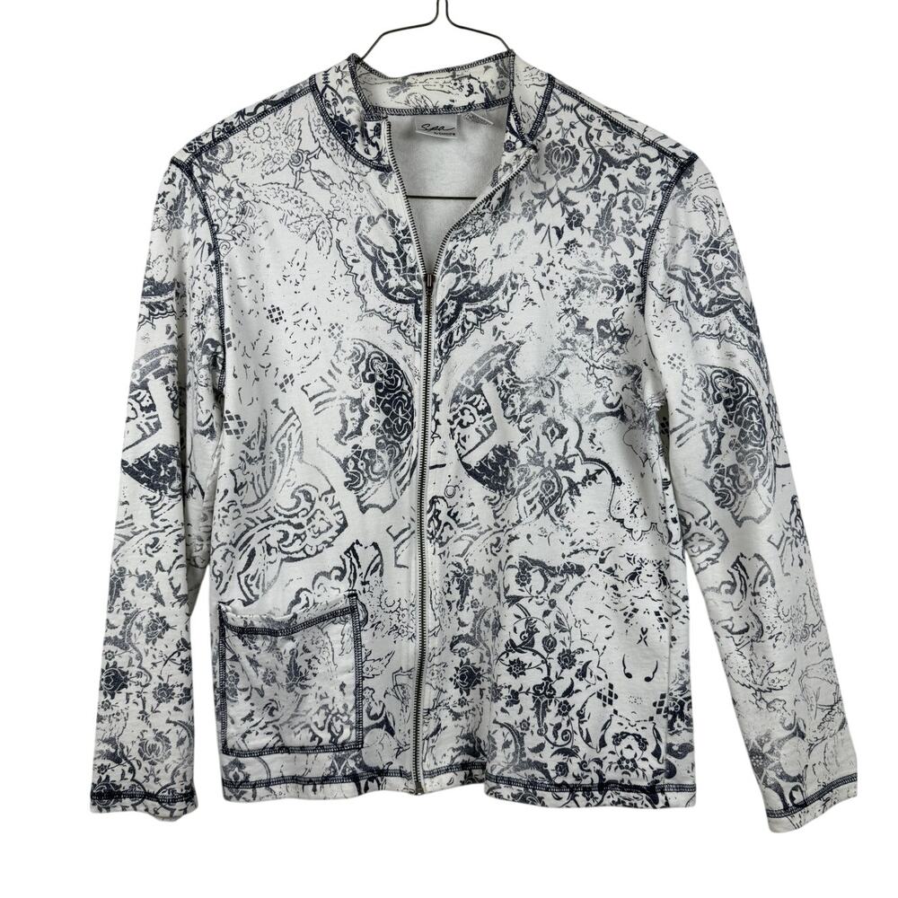 Chico's Sienna Black White Abstract Print Zip Jacket Cotton Size 1 (M)